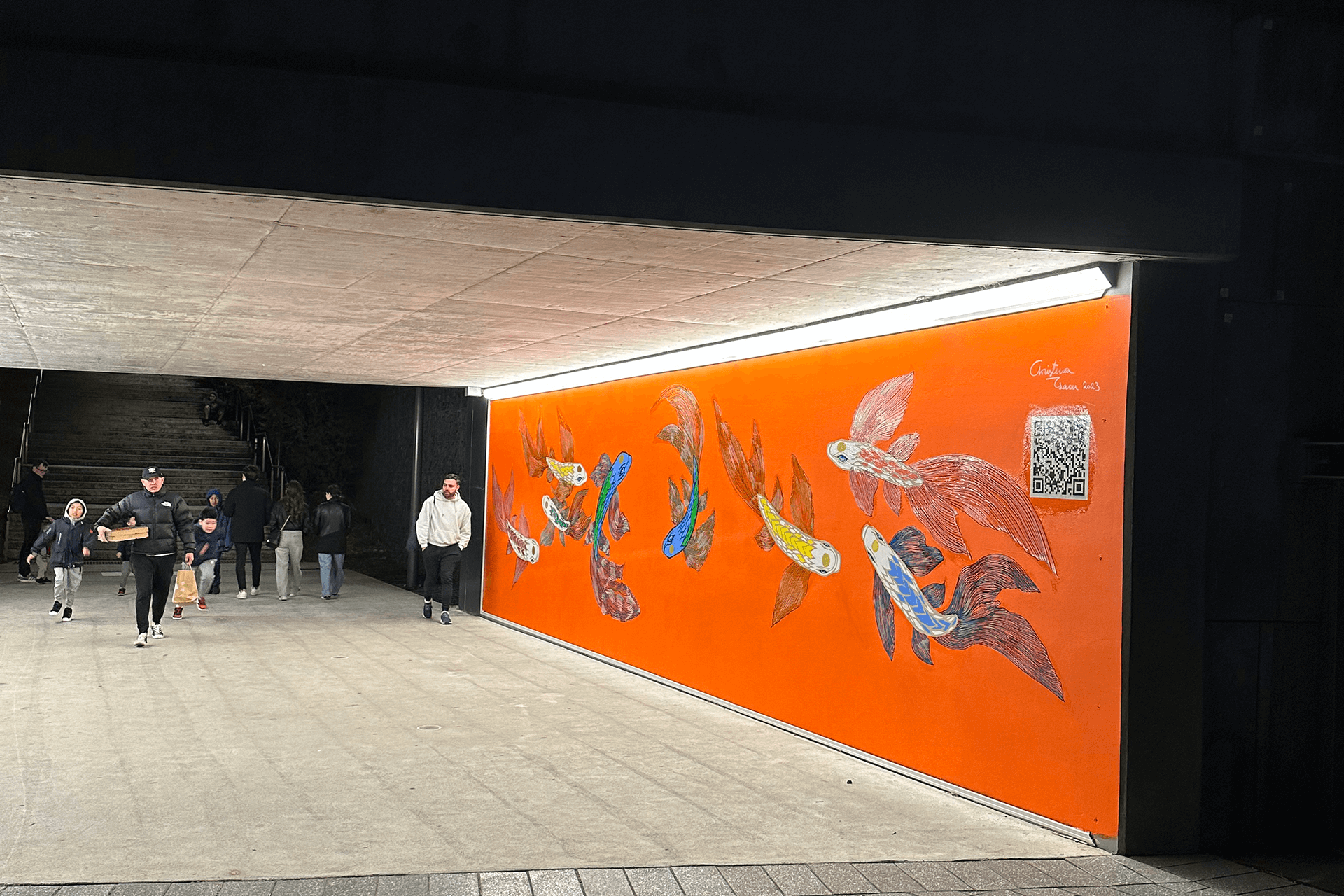 Mural at the Brushbox Street rail underpass by Christina Tsaou, depicting eight koi fish in different colours on orange backdrop, spanning an entire wall, lit by street lighting at night. Some adults and children are walking and standing next to the mural. Image supplied by Artist.